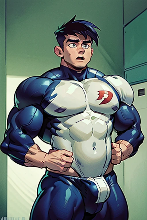 Danny Phantom and Dash Baxter, football field, ghost, hypnosis, jock, conversion, locker room hallway, hyper muscles, jockstrap, bro, meathead, hypnotized, brainwashed, brainwashing, big dumb jock, football. Glowing blue eyes. Hyper crotch bulge. Massive bulging crotch. Big balls. Big biceps. Big triceps. Big traps. Broad shoulders. Big meaty pecs. Big thighs. Thick glutes. Hyper muscles. crew cut. Football team assimilation. Well endowed. Clothes turning into Casper High School football uniform. Danny Fenton looks shocked and gradually transitions to a dull vapid expression instead as his eyes glow. Fellow football players lay gloved hands on his shoulder pads. "Gah! What happened to me? I look like a—! Like a ... BIG ... DUMB ... JOCK...." Open mouth. Blank stare. Touching a swollen crotch. digital painting. Very detailed. Vapid stare. Dumber and dumber. Brain drain. Dash Baxter smirks and says, "That's because that is what you are now, Fenton. You're gonna be just like us. And you're gonna love every minute of it." Danny replies, "Love ... being ... a jock.... Big ... dumb ... studly ... football jock.... Must protect the Quarterback.... Fucking dumb jock.... Must ... protect ... Dash...." Dash Baxter smirks. "That's right, Fenton. The lineman protects the quarterback. You're MY lineman now. So fall in, Fenton, like a good fucking dumb jock." Danny replies, "Yes, Dash. Falling in.... Your jock .... Must ... obey...."