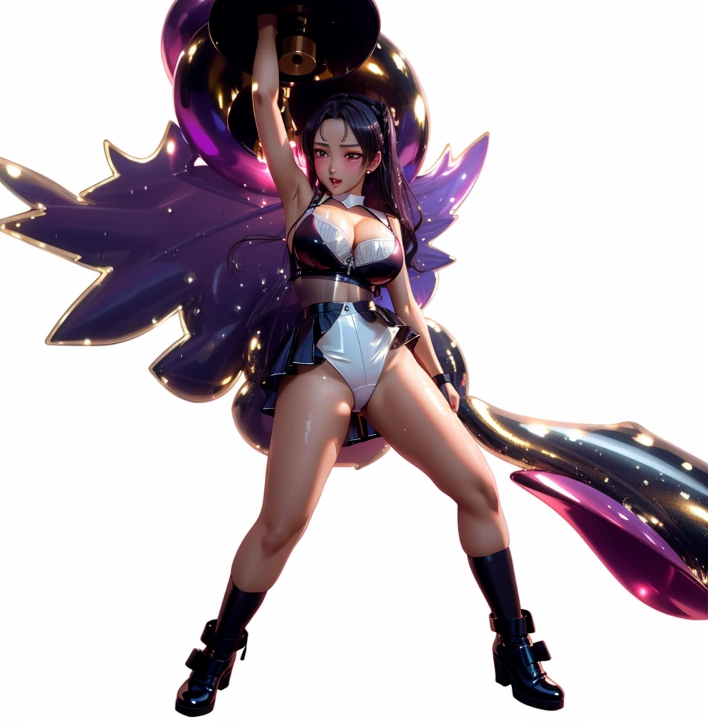 1 Girl donghua, Best quality, Ultra Detail, 8K, Ultra high realistic, Detailed face, Full body, standing, Ultra high realistic, Detailed face, (Blushing:1.3), Wet skin, Latex bra, Latex hot skirt, Ahegao face, beautiful breasts, body details, Oil skin, big thighs