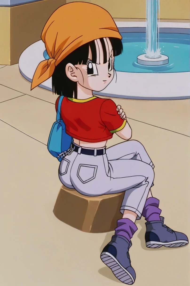 fountain_cheered up, score_9, score_8_above, score_7_above, cheered up screencap,8k, absurd resolution,
Pan \(Dragon Ball\), 1 girl, Alone, short hair, hits, black fur, session, whole body, black eyes, chain, crossed arms, crossed legs, denim, Red shirt, orange scarf, retro artStyle, female, Waist bag, purple tights, Shoe soles, v shaped eyebrows, from below, rock, diaphragm, clavicle, 1990s \(Style\),showing buttocks, sexy body, naked, NSFW, unclothed, medium breasts, mostrando medium breasts