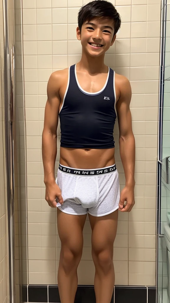 Japanese men、、Short and but muscular、Smooth textured tanned skin、Sporty short black hair、A healthy pose that still retains a childlike quality、In the bathroom、Thin, short boxer shorts、Smiling in a friendly manner、