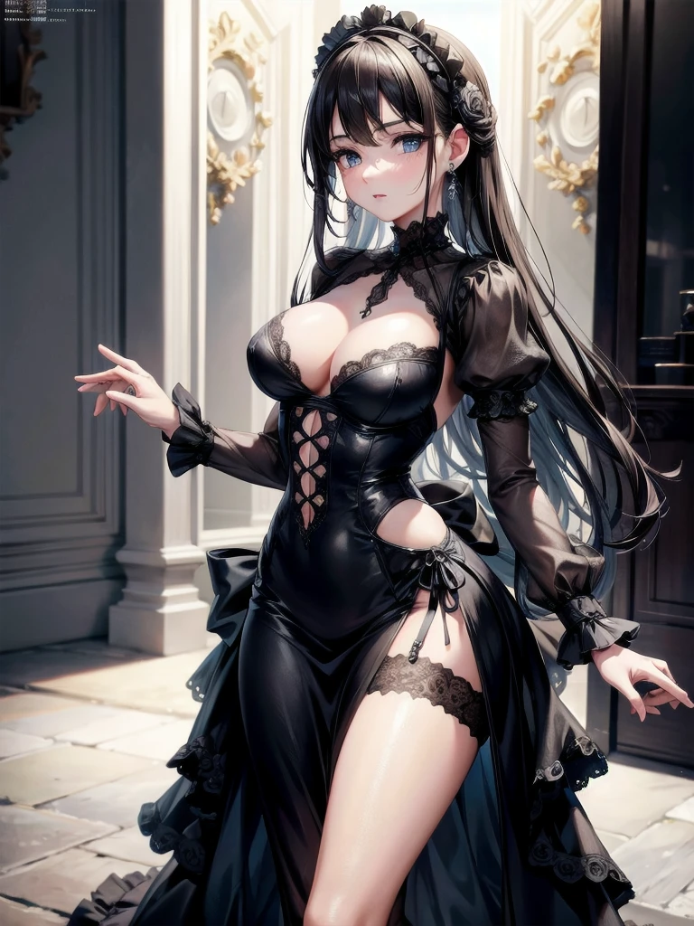 absurdres, RAW photo, extremely delicate and beautiful, masterpiece, Best Quality, ultra high resolution, 32k, hyperrealistic, ultra-detailed, perfect figure, in her 20s, very small head, very small face, delicate facial features, tearful mole, earring, huge breasts, legs, full body shot, medium hair, black hair, intricate Romantic Victorian Gothic Outfit,