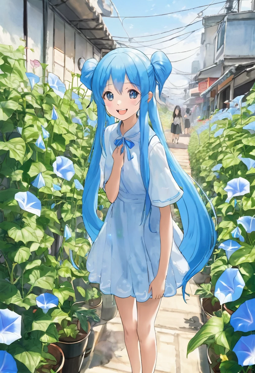 Light blue long hair beautiful girl with twin tails Morning glory market Summer sky Summer sunshine Morning glory market赤い浴衣の美少女 Many potted morning glories are lined up Bright smile