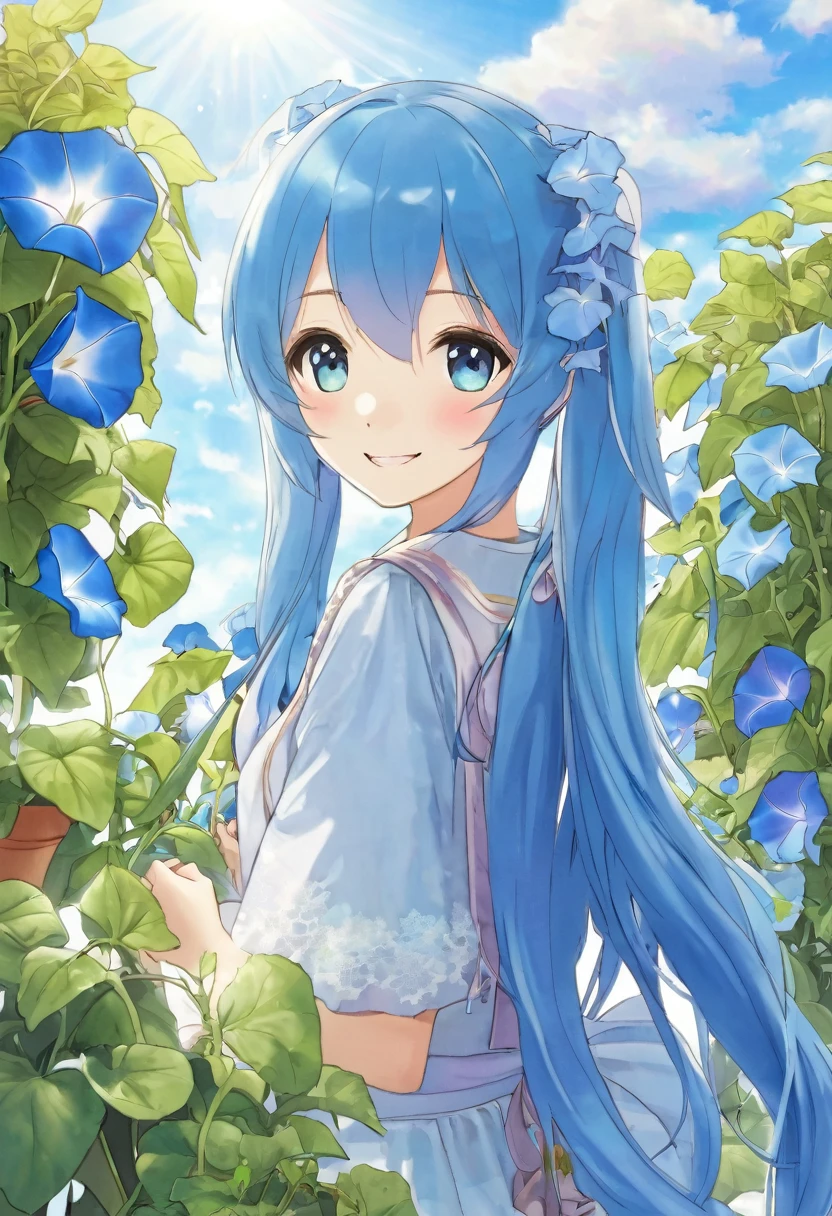 Light blue long hair beautiful girl with twin tails Morning glory market Summer sky Summer sunshine Morning glory market赤い浴衣の美少女 Many potted morning glories are lined up Bright smile