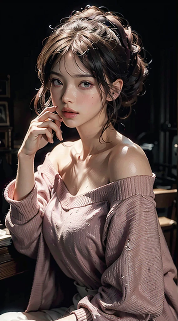 Best Quality, Masterpiece, Ultra High Resolution, (Realisticity: 1.4), Original Photo, 1girl, Pink Off-the-Shoulder, Cinematic Lighting