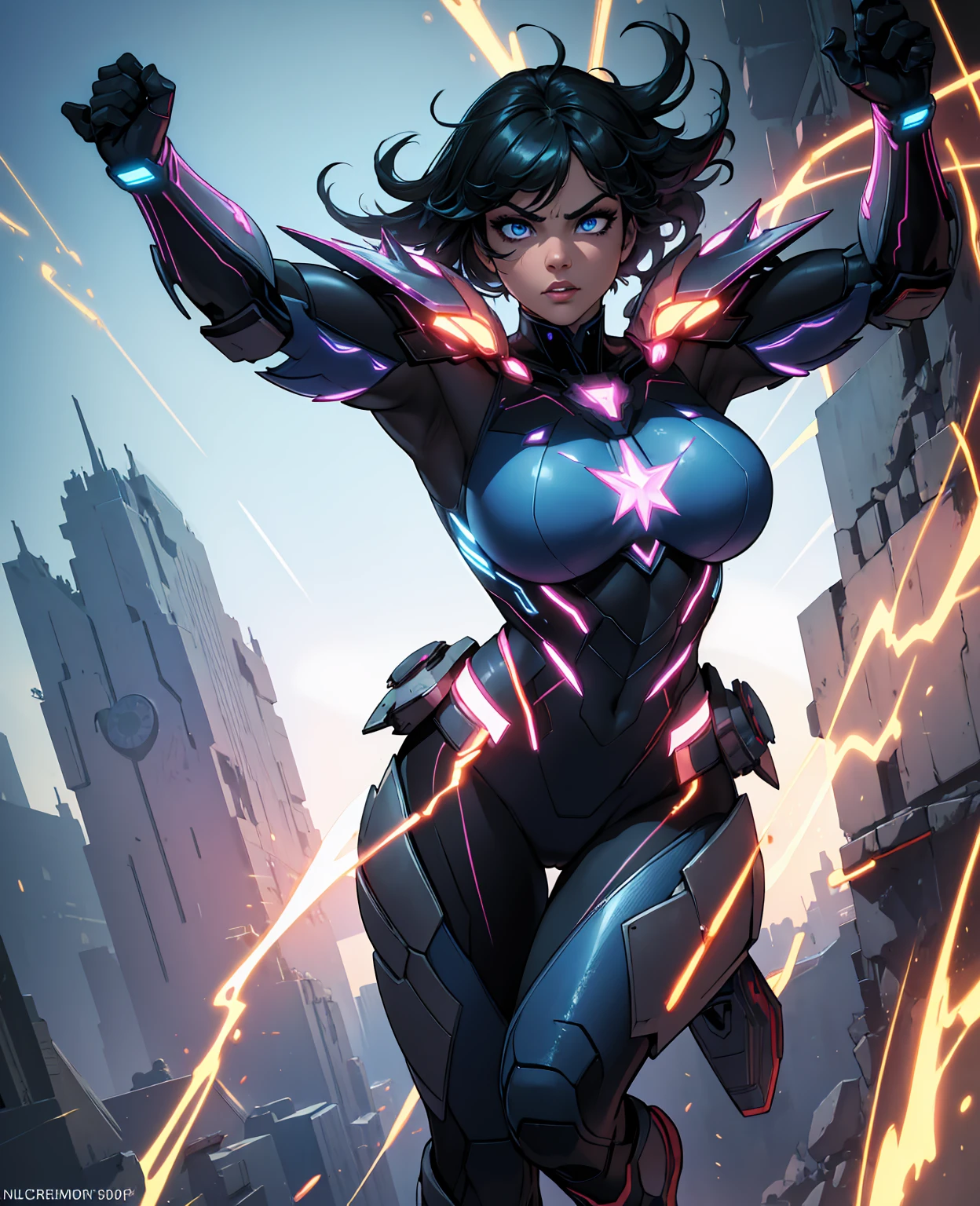 a superhero with spatial manipulation powers, detailed realistic portrait, highly detailed face, beautiful eyes, sharp focus, photorealistic, 8k, masterpiece, cinematic lighting, epic dramatic pose, dramatic lighting, dynamic composition, intricate details, muscular physique, dynamic action, sci-fi, futuristic, glowing energy effects, neon colors, metallic armor, complex machinery, floating platforms