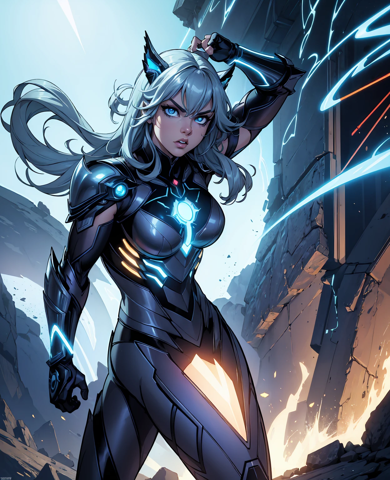 a superhero with spatial manipulation powers, detailed realistic portrait, highly detailed face, beautiful eyes, sharp focus, photorealistic, 8k, masterpiece, cinematic lighting, epic dramatic pose, dramatic lighting, dynamic composition, intricate details, muscular physique, dynamic action, sci-fi, futuristic, glowing energy effects, neon colors, metallic armor, complex machinery, floating platforms