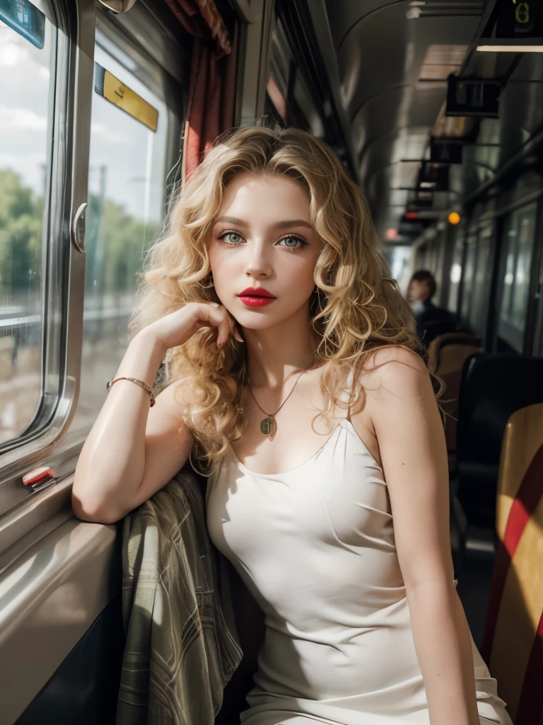 Caucasian woman, blonde hair, ((Curly hair)), ((long hair)), ((olive green eyes)), bright eyes, shiny eyes, (highlights eyes), ((lined eyes)), ((red lipstick)), ((makeup)), smile, athletic body, small breasts, nipples, ((white short dress)), earrings, necklace, bracelets, red nails, Sitting in a train seat, next to the window, traveling on a train, through the train window you see the beautiful scenery, side shot, shot from adove.