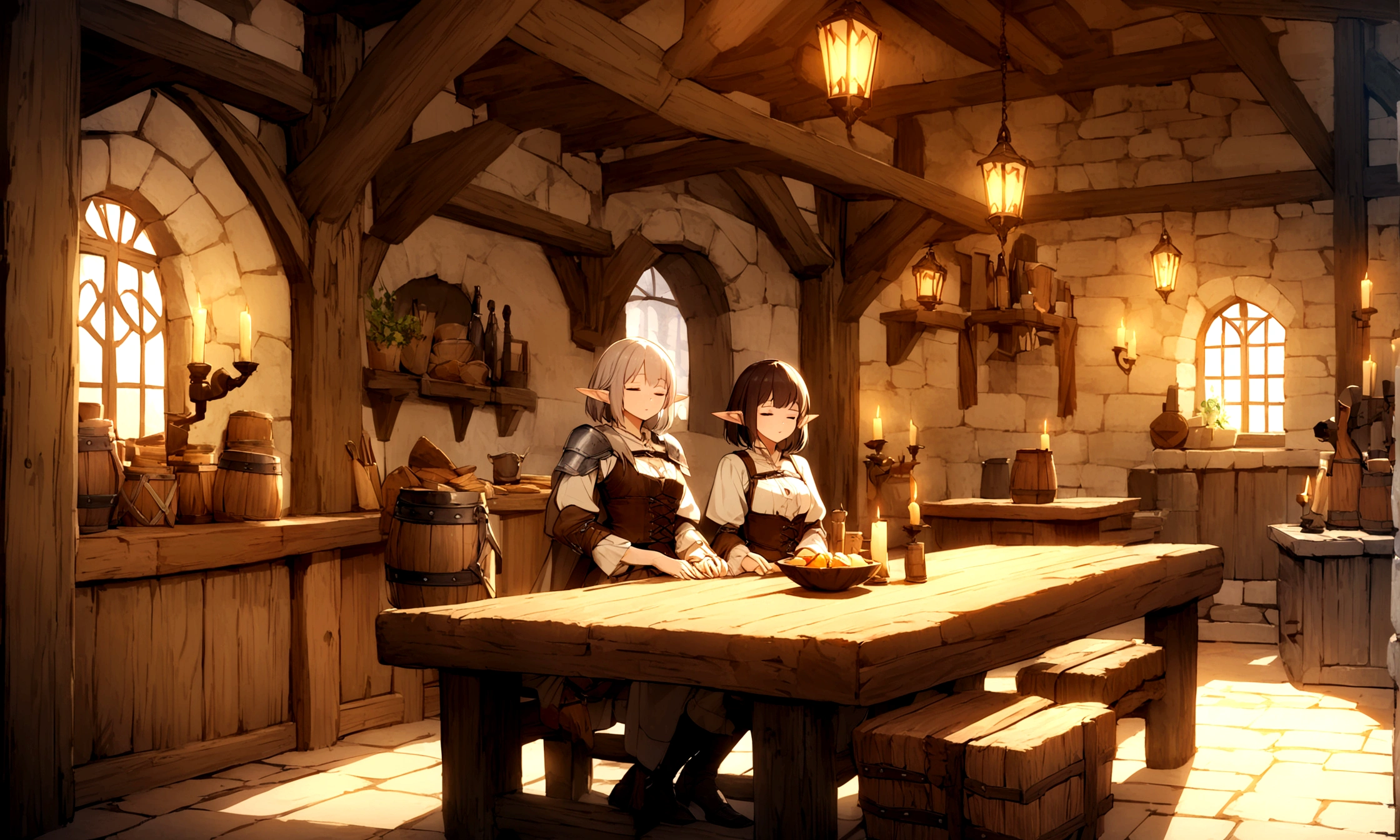 Create an ultra-high-quality anime-style image of a medieval European-inspired fantasy tavern at night. The scene should include a short-haired female elf adventurer peacefully asleep at a wooden table, her adventuring gear and weapons resting beside her. The tavern should have a warm, inviting ambiance with soft, flickering candlelight casting gentle shadows. The atmosphere should be tranquil, making the viewer feel relaxed and sleepy. Pay meticulous attention to details, ensuring the tavern’s interior is richly decorated with wooden beams, rustic furniture, and medieval decor. The overall image should be a stunning CG masterpiece with intricate details throughout, capturing the serene and peaceful moment in the bustling yet cozy tavern.