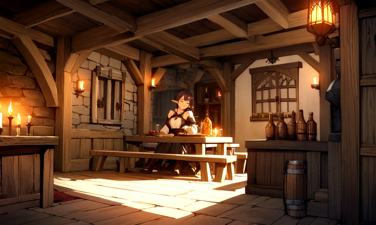 Create an ultra-high-quality anime-style image of a medieval European-inspired fantasy tavern at night. The scene should include a short-haired female elf adventurer peacefully asleep at a wooden table, her adventuring gear and weapons resting beside her. The tavern should have a warm, inviting ambiance with soft, flickering candlelight casting gentle shadows. The atmosphere should be tranquil, making the viewer feel relaxed and sleepy. Pay meticulous attention to details, ensuring the tavern’s interior is richly decorated with wooden beams, rustic furniture, and medieval decor. The overall image should be a stunning CG masterpiece with intricate details throughout, capturing the serene and peaceful moment in the bustling yet cozy tavern.