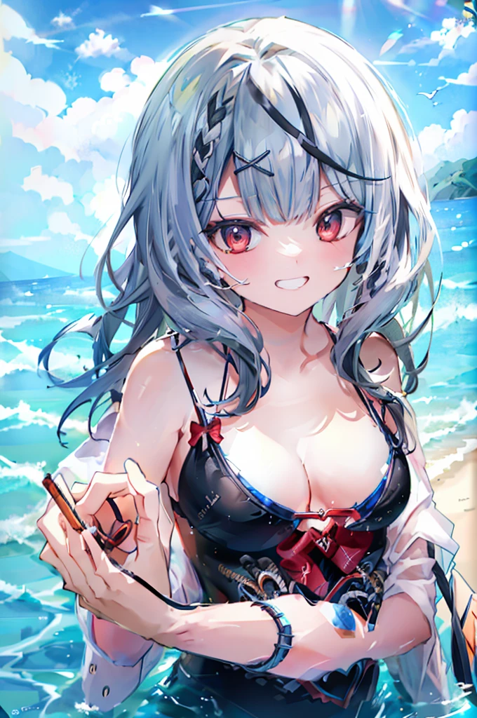Swimwear、Concept Art、masterpiece、Grin、Upper Body、high resolution、Playing in the sea、Shot from above