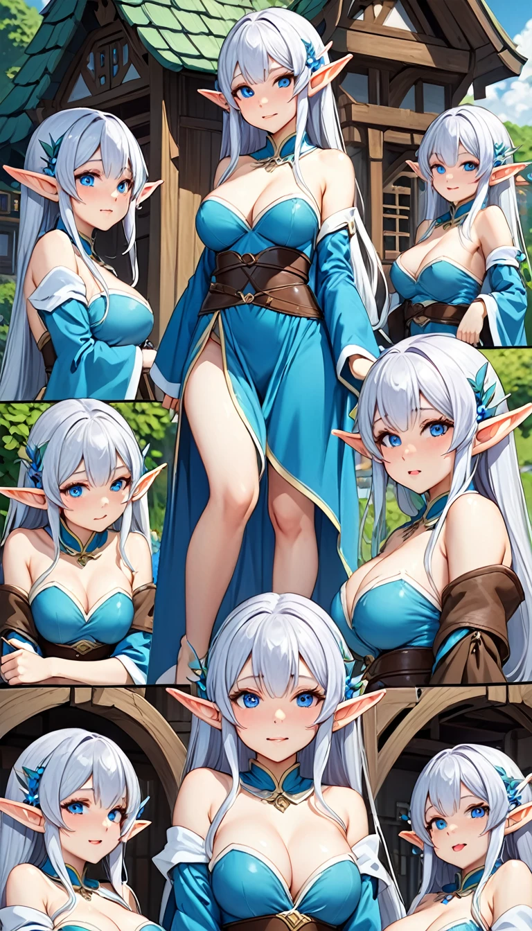 Highest quality、super high quality、16K, Delicious breasts、topless、Facial expressions are random、Location: Fantasy Village、 Hair color is silver hair、The pose is walking、The distance is random、Angles are random、Small face、Very delicate facial expressions、Delicate eye depiction、Highly detailed hair、Erotic、18-year-old female、Glowing Skin、Soft Skin、Only Sexy Elf Women、The clothes are elven clothes, blue clothes、1 female