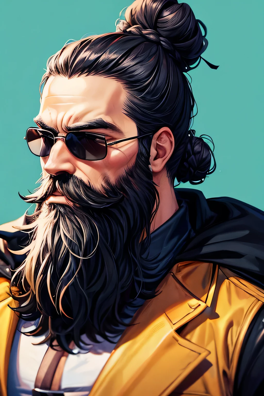 big black beard guy with a bun on his head modern clothing