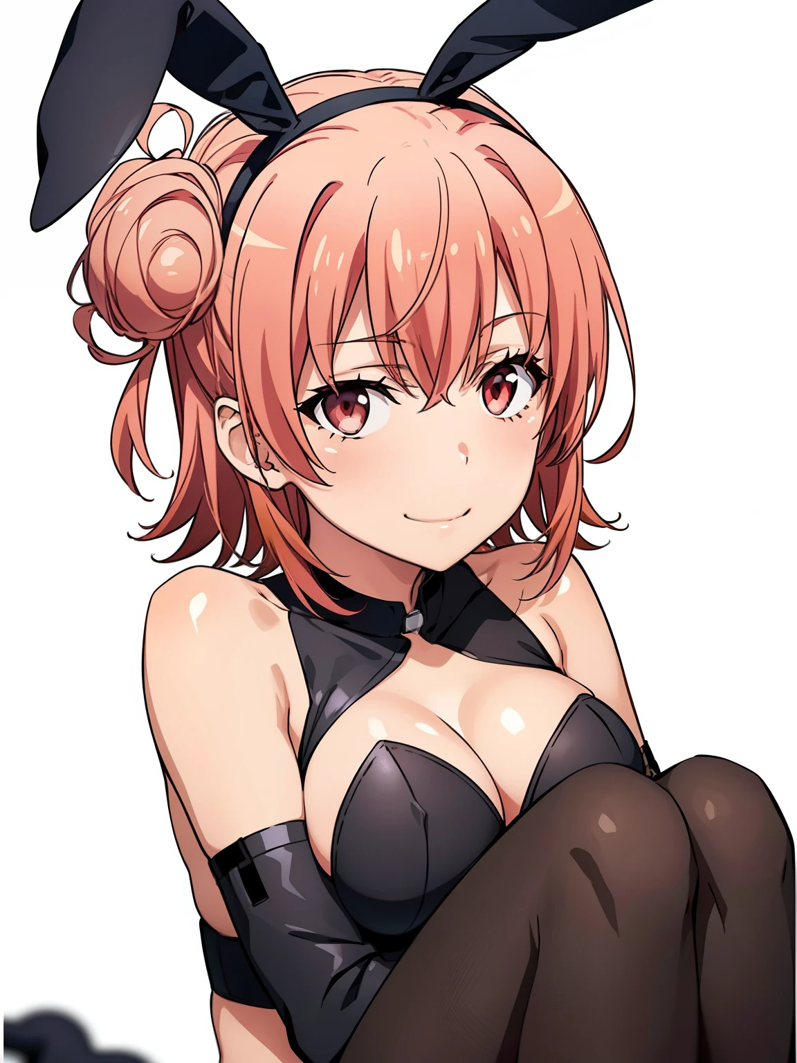 ((masutepiece, Best Quality, hight resolution, nffsw, Perfect Pixel, depth of fields, 4K, )), 1girl in, Solo, , Beautiful anime girl, Beautiful Art Style, close up, Looking at Viewer, Perfect body, Yuigahama Yui, Short hair, pink hair, hairbun, (large boob), black playboy bunny outfit, gloves, smile, hands on knees, blank white background, sitting