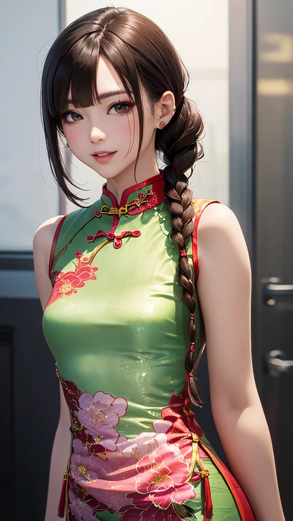 Realistic, masterpiece, Highest quality, Highest Resolution, Anatomically correct, Accurate Anatomy, One Japanese woman, Smile, Fine and beautiful eyes, iris, Sparkling eyes, Thin eyebrows, Gives lashes a delicate finish, False eyelashes, Chinese traditional makeup, (Braided hair, Blunt bangs, Brown Hair:1.2), Detailed face, Sharp Eyes, Chin up, Open your mouth, Cheeks pink, (Classic green cheongsam, No sleeve, Lavish decoration:1.3), Upper body photo, Posture of the fist, Beautiful woman's hand with five fingers, Blank background in warm colors