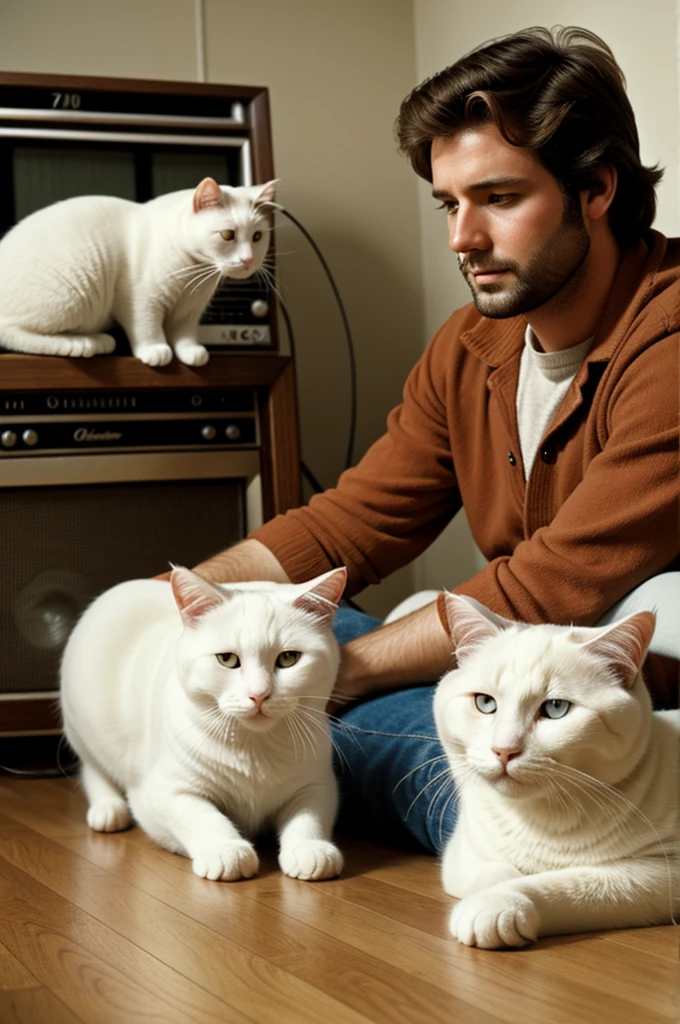 30 year old man with brown hair listening to the radio in the 70s with a white cat with red eyes on the floor 