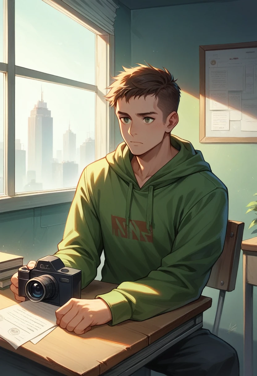 a 25-year-old friendly-looking man sitting behind a desk in a futuristic studio, wearing a green hoodie. window background, smooth, soft, ultra-sharp, detailed, looking straight forward, centered in the image, straight, front-facing a camera