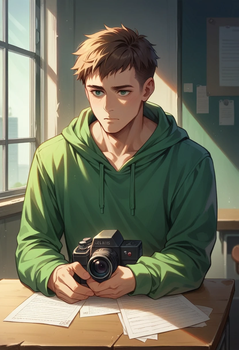 a 25-year-old friendly-looking man sitting behind a desk in a futuristic studio, wearing a green hoodie. window background, smooth, soft, ultra-sharp, detailed, looking straight forward, centered in the image, straight, front-facing a camera