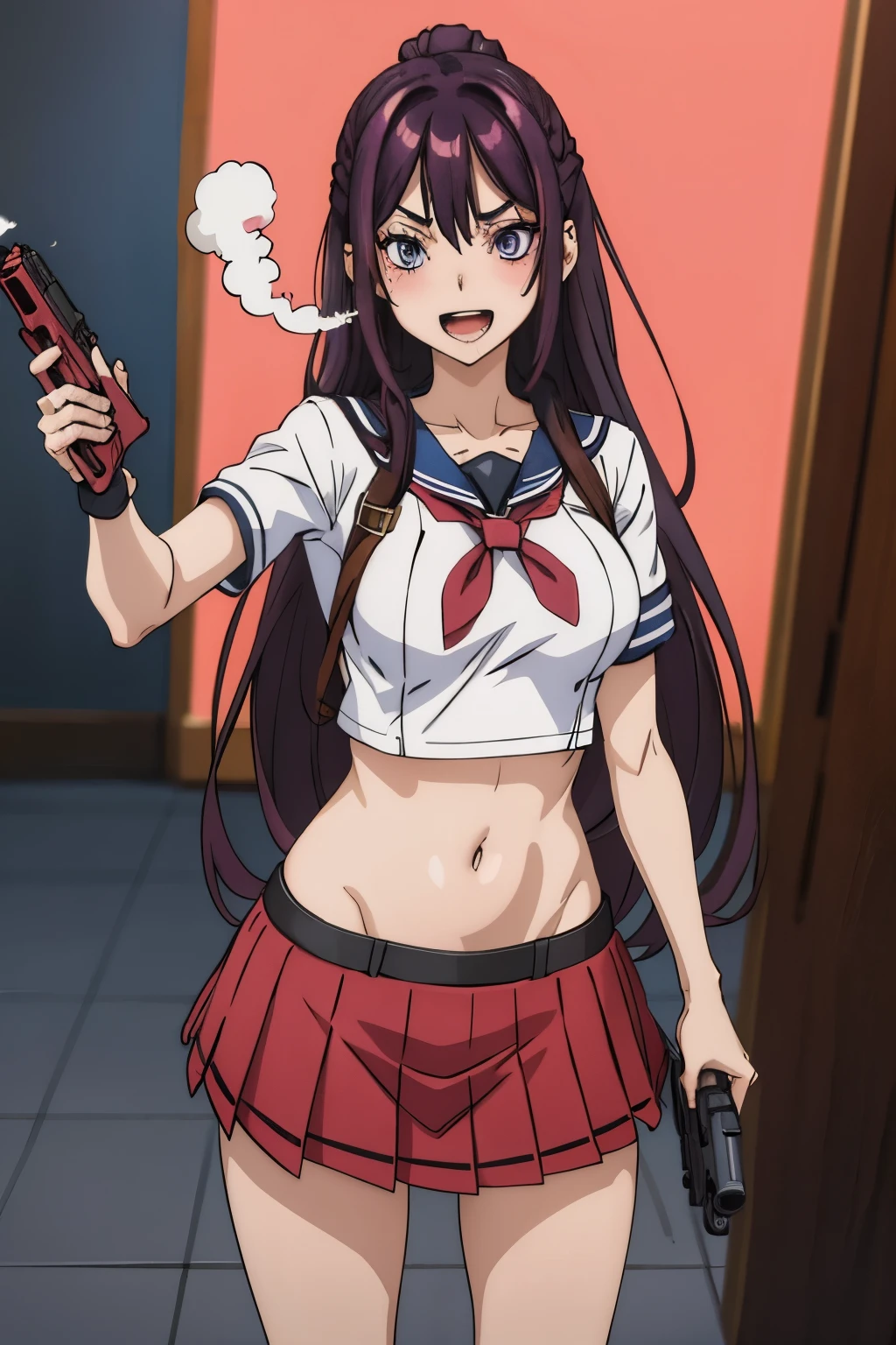 1girl, kanzaki rin,, standing,
deep purple eyes, dark purple hair, long hair,  medium breast, ear piercing, long hair, blush, lipstick,Hot girl, baddie, staring, glaring, bad attitude, mean girl, dare, angry, hate, crazy, smoking, sensual, attractive ,masterpiece, best quality, highly detailed, a anime girls in sailor uniforms with a gun posing for a picture,
evil smile, smile, open mouth,black_serafuku, ecchi anime style, anime girls , (nsfw) not safe for work,
ecchi style, ecchi, shipgirls, digital anime art!!, high school girls, holding a gun, hold a gun, anime style 4
k, micro skirt, exposed belly, exposed navel, exposed midriff,
exposed lower belly,school, classroom, 