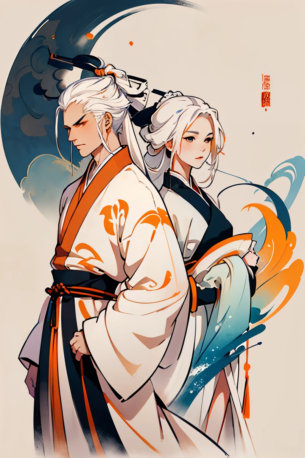 high quality , one white hair girl and one white hair boy, long hair, wuxia character, ((white clothes with blue and orange accent)), ink painting background, flat background, minimalist background, chinese wind pattern background,