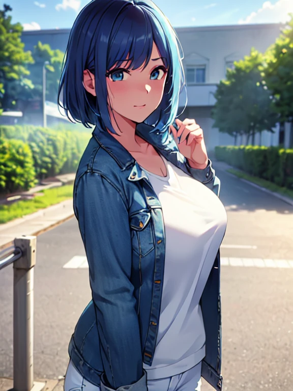 denim jacket,white pants,((masterpiece, highest quality, High resolution, Hyper HD, Pixel perfect, Depth of written boundary, 4k, RTX, HDR))), blue hair, embarrassed, huge Breasts, Perfect body,,,facing viewer,