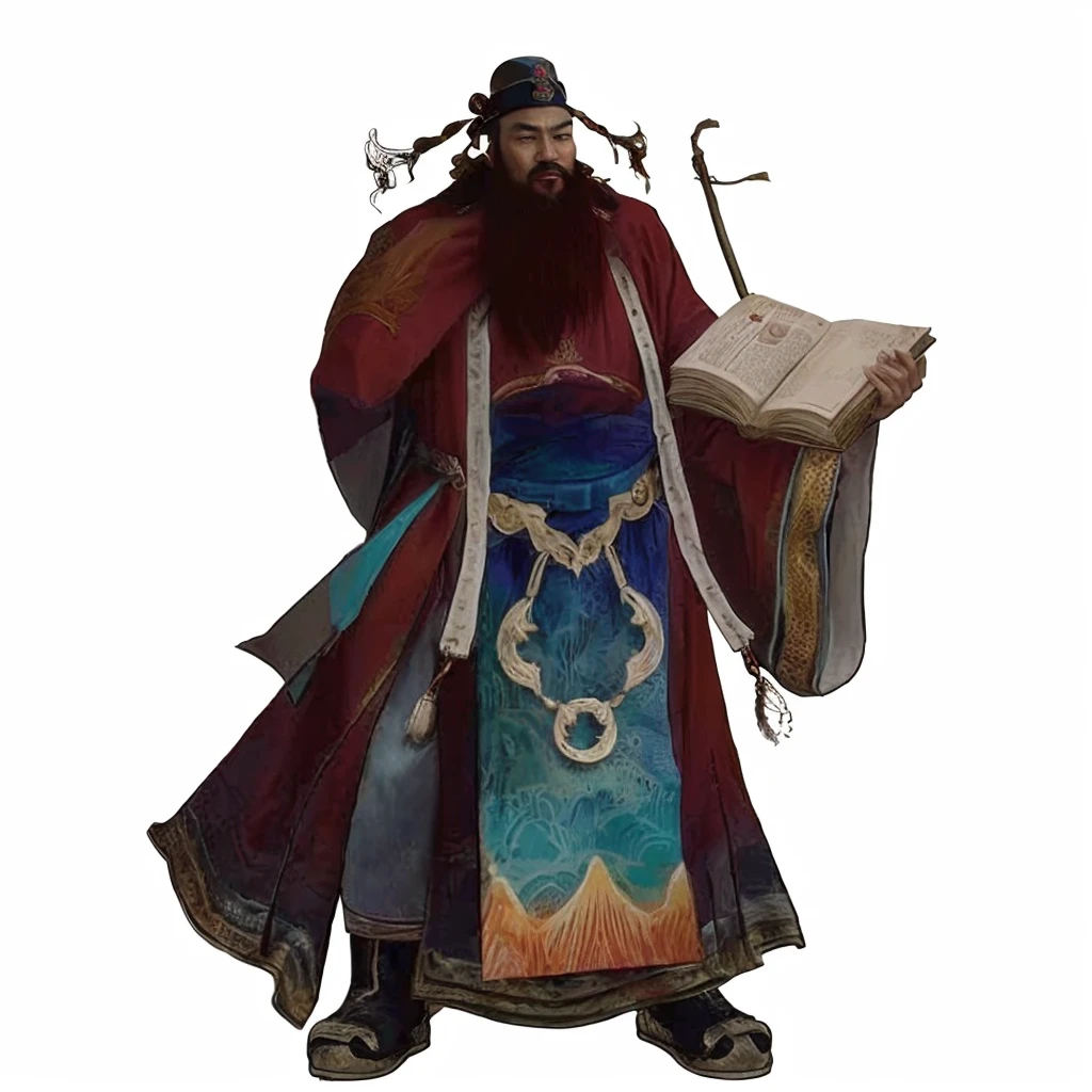 tan skin chinese ancient officer, red wild beard, luxurious red robe, holding a book, a flying Chinese brush, one hand put at the back, officer hat