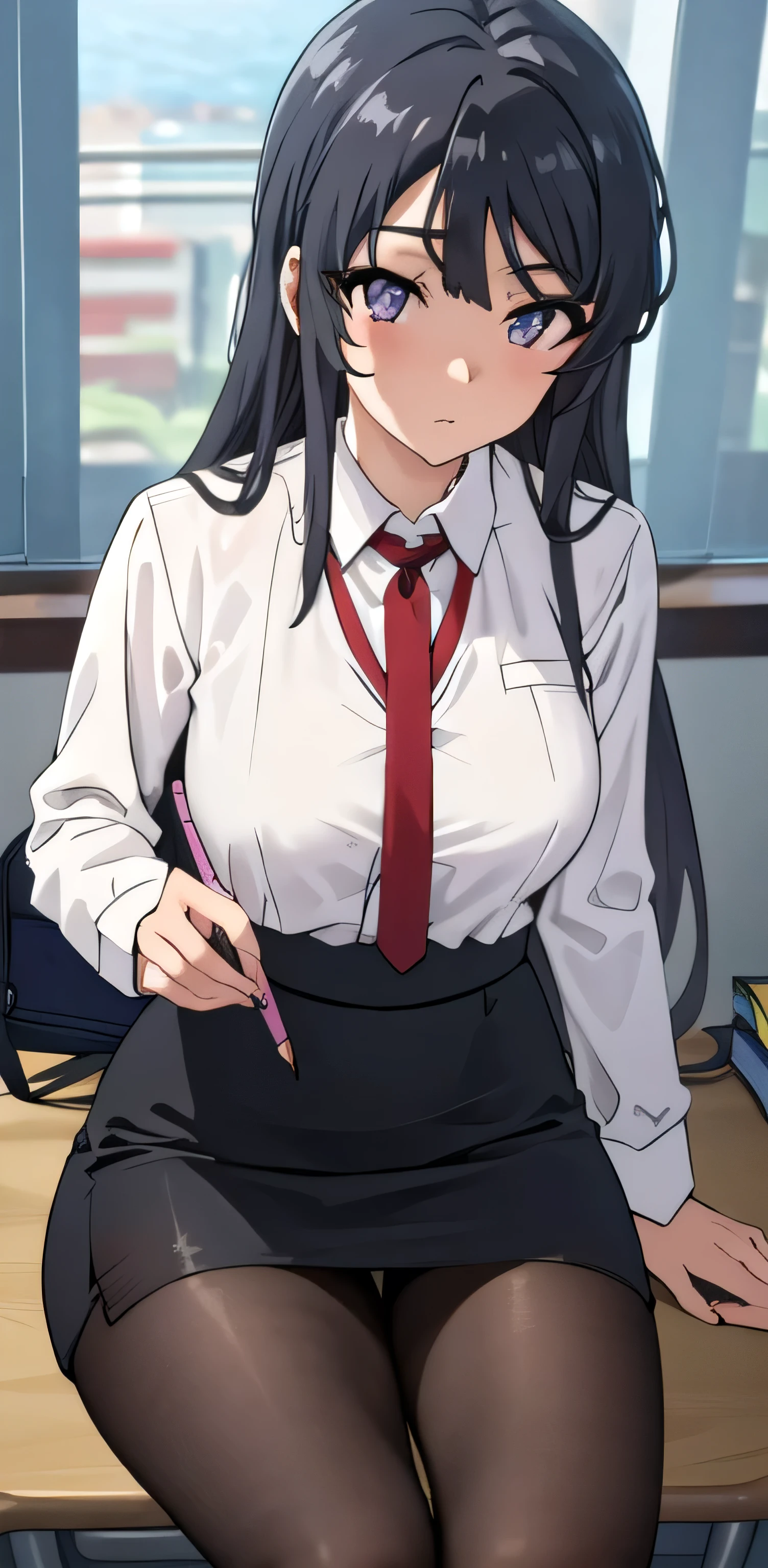 best quality, masterpiece, highres, solo,((masterpiece, best quality)), mai sakurajima, long hair, black hair , mature woman, 20y, purple eyes, beautiful eyes, detailed eyes, thick_thighs, shirt, skirt, pencil skirt, pantyhose, school_uniform, school, indoors,