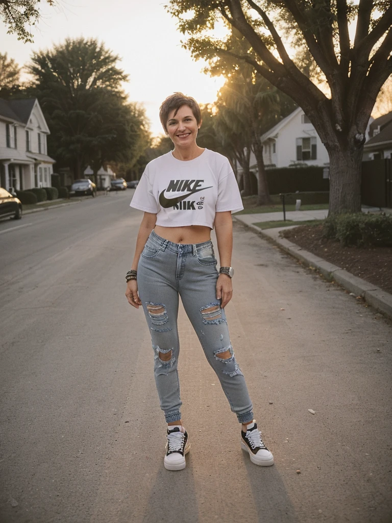 1girl, photorealistic, realistic, her name is Elise, middle age, a 45-year-old woman with gray hair, body of 45-year-old woman, wrinkles on her face and body, Alpine woman, ((dark brown hair, short hair))), smiling, (((she is seductively standing in a neighborhood like Belmont Heights during sunset is quite picturesque. The soft golden light of the setting sun would likely cast a warm glow over the tree-lined streets and the quaint houses typical of the area. You might see neighbors out for an evening walk, maybe someone walking their dog, and the sounds of the day winding down. It's a peaceful and beautiful moment to take in the sights and sounds of the community before night falls.))), (((dynamic pose))), (((she opts a crop top oversized graphic t-shirt with bold prints or logos. This is a staple in streetwear fashion and sets the tone for your outfit. relaxed-fit jeans or joggers. Distressed denim adds an edgy vibe, Completed with a chunky sneakers or high-top sneakers for a classic streetwear look. Brands like Nike, Adidas, or Vans are popular choices )))