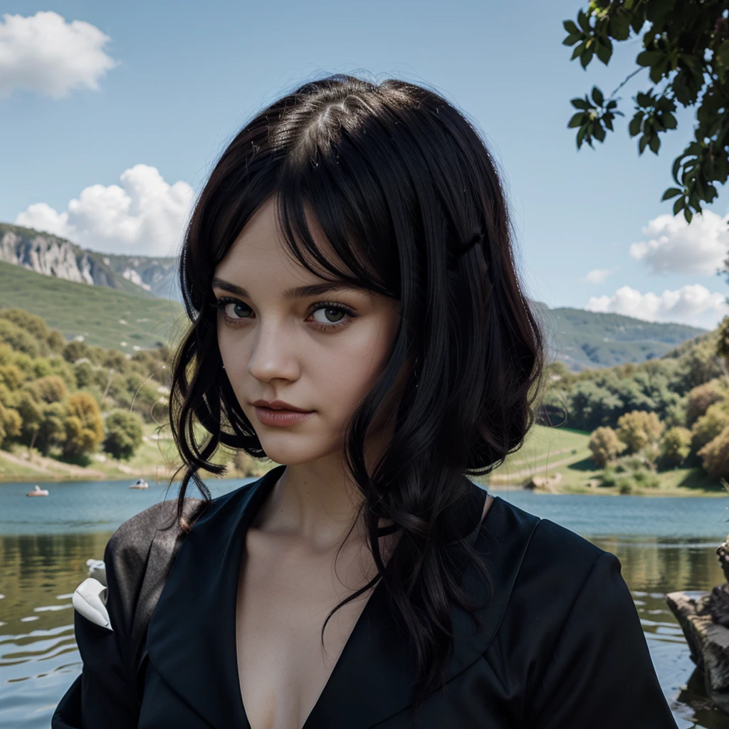 Artwork from the series (wednesday) wednesday addams in a woman, with black dress, black hair and eyes, in a lake in the background 