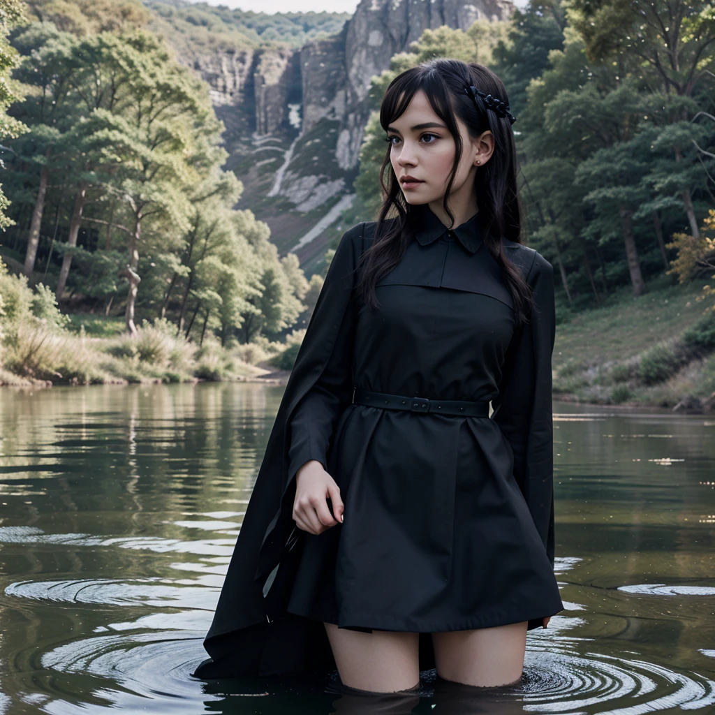 Artwork from the series (wednesday) wednesday addams in a woman, with black dress, black hair and eyes, in a lake in the background 