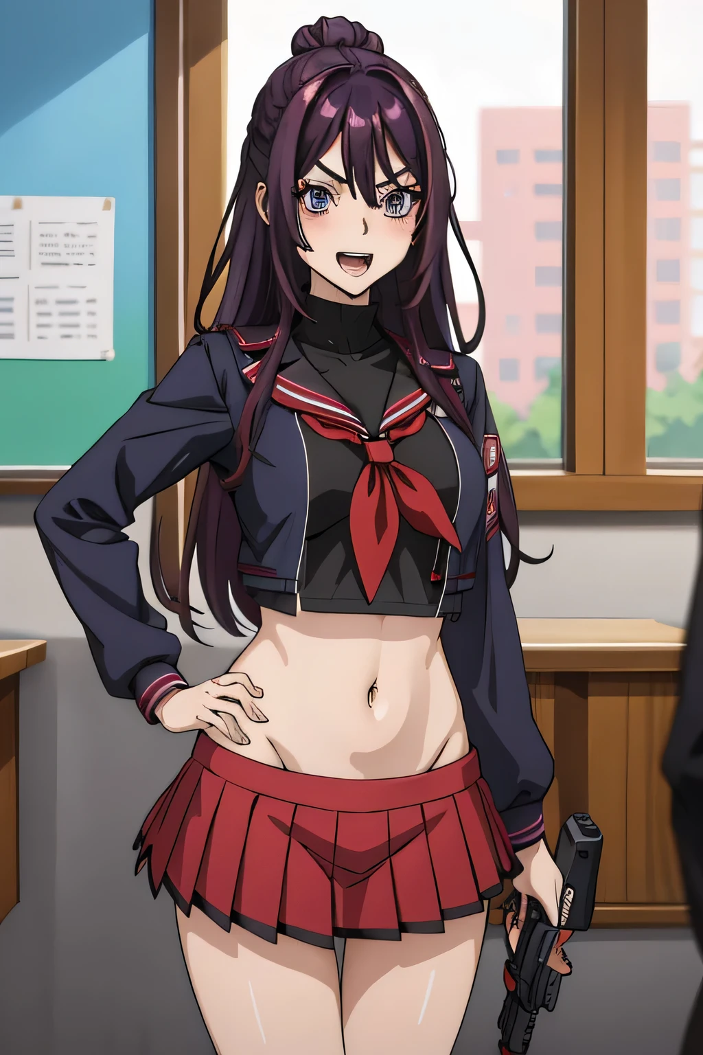 1girl, kanzaki rin,, standing,
deep purple eyes, dark purple hair, long hair,  medium breast, ear piercing, long hair, blush, lipstick,Hot girl, baddie, staring, glaring, bad attitude, mean girl, dare, angry, hate, crazy, smoking, sensual, attractive ,masterpiece, best quality, highly detailed, a anime girls in sailor uniforms with a gun posing for a picture,
evil smile, smile, open mouth,black_serafuku, ecchi anime style, anime girls , (nsfw) not safe for work,
ecchi style, ecchi, shipgirls, digital anime art!!, high school girls, holding a gun, hold a gun, anime style 4
k, micro skirt, exposed belly, exposed navel, exposed midriff,
exposed lower belly,school, classroom, 