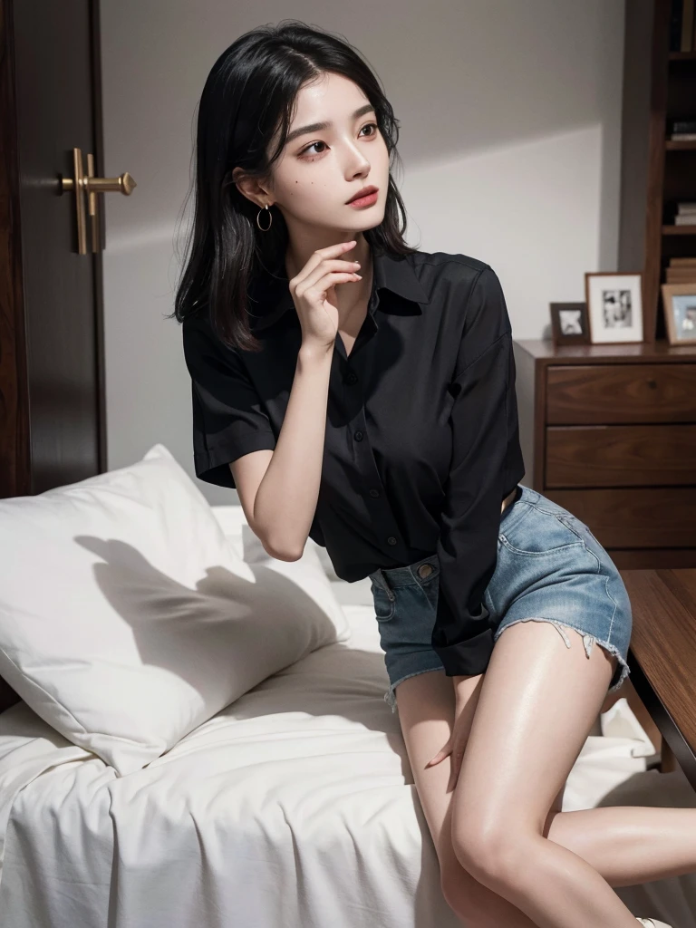 absurdres, RAW photo, extremely delicate and beautiful, masterpiece, Best Quality, ultra high resolution, 32k, hyperrealistic, ultra-detailed, perfect figure, in her 20s, very small head, very small face, delicate facial features, tearful mole, earring, huge breasts, huge breasts, full body shot, whole body shot, medium hair, black hair, collared shirt, shorts, legs,