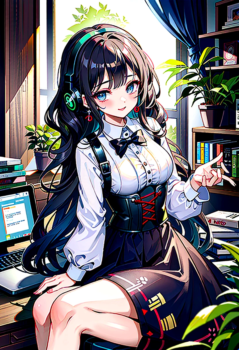 white girl with medium curly hair wearing gaming headset. she is playing on her gaming PC. her room is cozy with lots of books and plants. She is wearing corset clothes. She has a happy facial expression. your ears are pierced with beautiful earrings. put up a sign that says clersims. She's beautiful and elegant. add clersims name in your room.