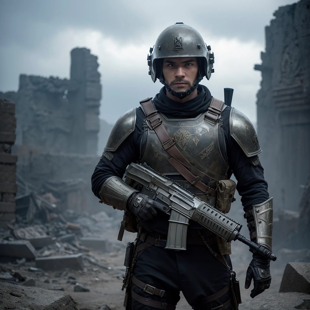 A soldier from a fantasy world with advanced firearms, wearing rugged and functional armor. The armor is a blend of medieval and modern design, with intricate engravings and a dark, metallic finish. The soldier wears a helmet that obscures their face from the nose up, giving an air of mystery and intimidation. They are holding a futuristic-looking rifle, adorned with glowing runes and high-tech modifications. The background is a war-torn landscape with smoldering ruins and a dramatic, cloudy sky. The overall atmosphere is intense and gritty.