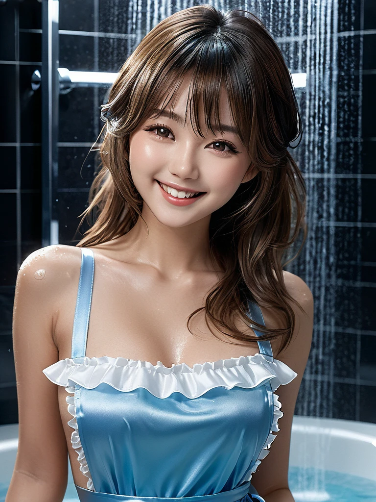 product quality, 1girl, full body shot, front view, a Japanese young pretty girl, shoulder length hair, wearing only a silky satin light blue apron with white frills over her naked body with a big smile, taking a shower in a luxury shower room, glamorous figure, wet hair, wet body, busty, hyper cute face, glossy lips, double eyelids in both eyes, natural makeup, long eyelashes, shiny smooth light brown hair, asymmetrical bangs, fair skin, central image, high resolution, high detail, detailed hairstyle, detailed face, cinematic lighting, octane rendering, vibrant, hyper realistic, perfect limbs, perfect anatomy