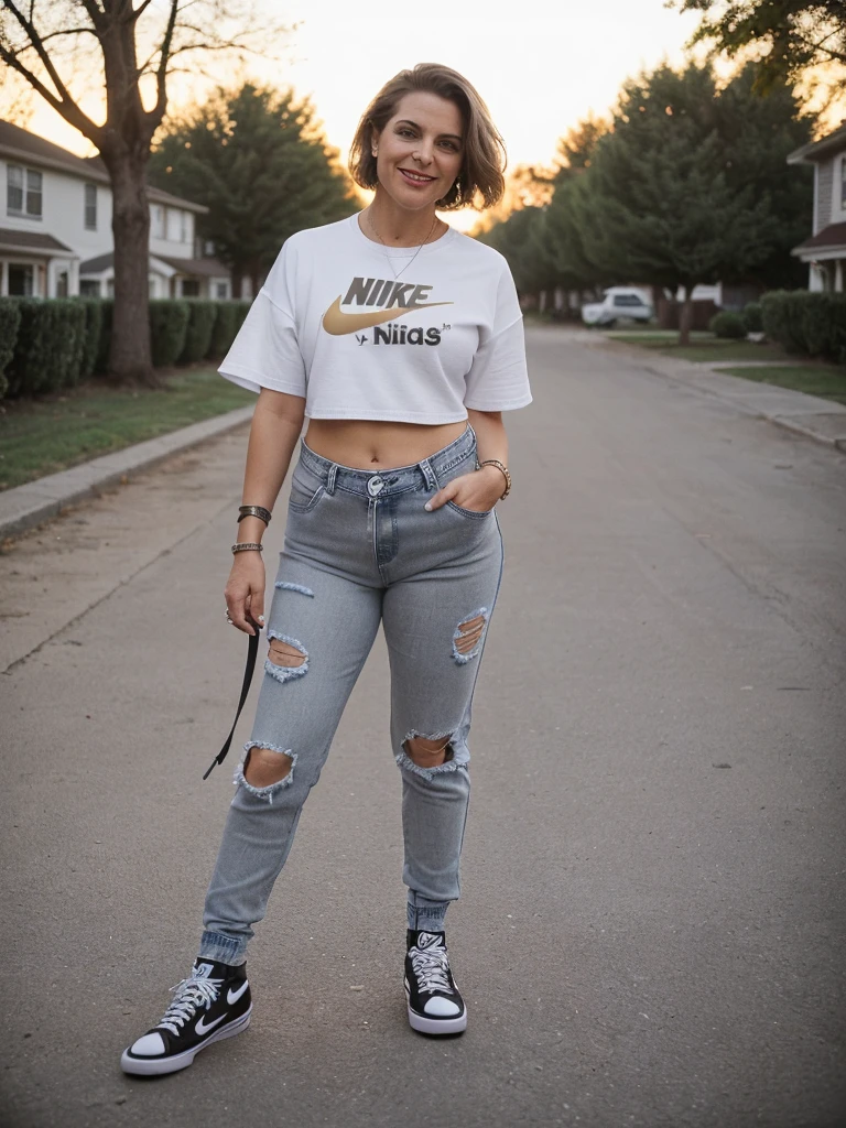 1girl, photorealistic, realistic, her name is Elise, middle age, a 45-year-old woman with gray hair, body of 45-year-old woman, wrinkles on her face and body, Alpine woman, ((dark brown hair, short hair))), smiling, (((she is seductively standing in a neighborhood like Belmont Heights during sunset is quite picturesque. The soft golden light of the setting sun would likely cast a warm glow over the tree-lined streets and the quaint houses typical of the area. You might see neighbors out for an evening walk, maybe someone walking their dog, and the sounds of the day winding down. It's a peaceful and beautiful moment to take in the sights and sounds of the community before night falls.))), (((dynamic pose))), (((she opts a crop top oversized graphic t-shirt with bold prints or logos. This is a staple in streetwear fashion and sets the tone for your outfit. relaxed-fit jeans or joggers. Distressed denim adds an edgy vibe, Completed with a chunky sneakers or high-top sneakers for a classic streetwear look. Brands like Nike, Adidas, or Vans are popular choices )))