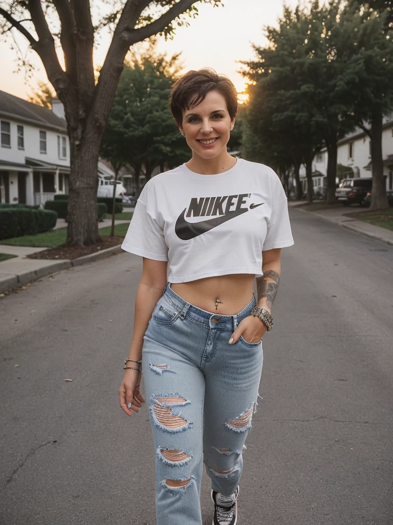 1girl, photorealistic, realistic, her name is Elise, middle age, a 45-year-old woman with gray hair, body of 45-year-old woman, wrinkles on her face and body, Alpine woman, ((dark brown hair, short hair))), smiling, (((she is seductively standing in a neighborhood like Belmont Heights during sunset is quite picturesque. The soft golden light of the setting sun would likely cast a warm glow over the tree-lined streets and the quaint houses typical of the area. You might see neighbors out for an evening walk, maybe someone walking their dog, and the sounds of the day winding down. It's a peaceful and beautiful moment to take in the sights and sounds of the community before night falls.))), (((dynamic pose))), (((she opts a crop top oversized graphic t-shirt with bold prints or logos. This is a staple in streetwear fashion and sets the tone for your outfit. relaxed-fit jeans or joggers. Distressed denim adds an edgy vibe, Completed with a chunky sneakers or high-top sneakers for a classic streetwear look. Brands like Nike, Adidas, or Vans are popular choices )))