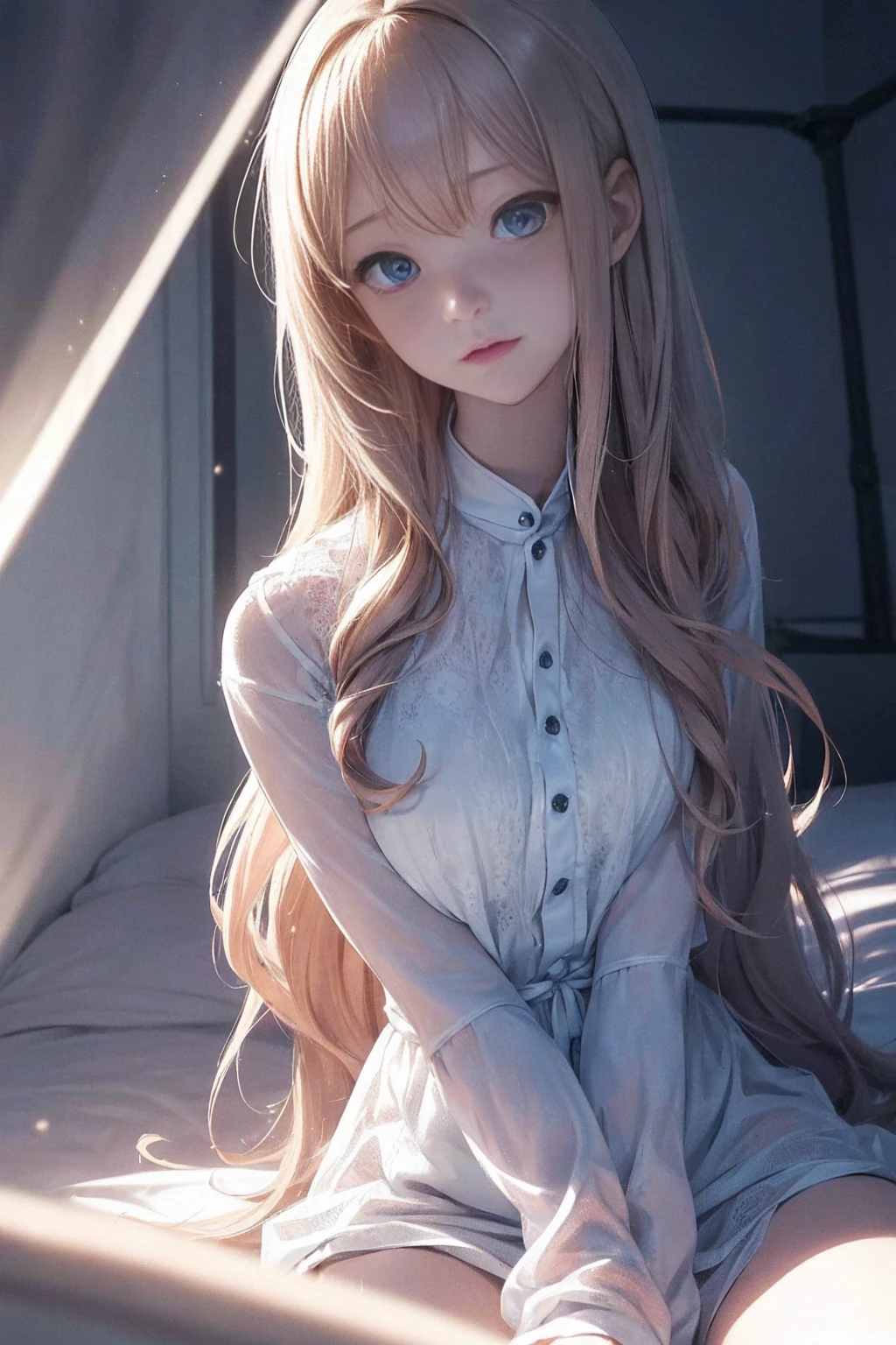 ((1 Female, 1 person, Solitary) Alice,  Humanity, Long curly blond hair, blue eyes, freckle, teenager, 18 years, Rebirth_ongoing) (Main Part, Super detailed, 8K, (HD, Sunlight:0.5, Soft_shadow:0.5, atmosphere_light, 8K, 4K, Surrealism, elegant, ((((Appearance)))), Soft Ton, 柔和的light))(((Dark, Chiaroscuro)))whole body，Lying in bed