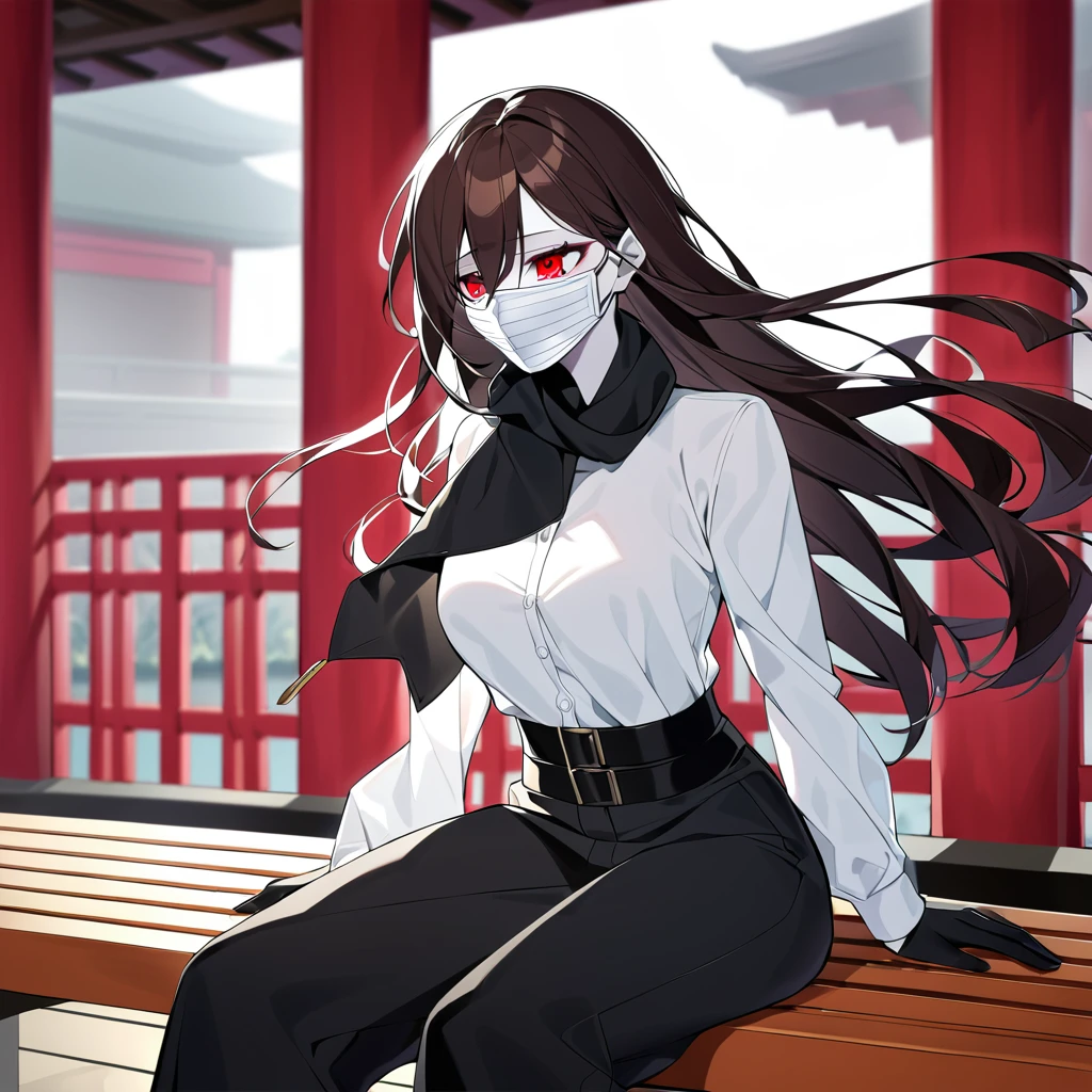 A woman with pale skin and intensely red eyes, with short, spiky dark brown hair. She is wearing a blouse and pants, both black and with long sleeves, as well as black gloves. She is using a black cloth as a mask, covering it from the nose down but leaving her neck exposed. Can vaguely notice two karambit knives sheathed at his waist. She is in a temple, sitting on a bench.