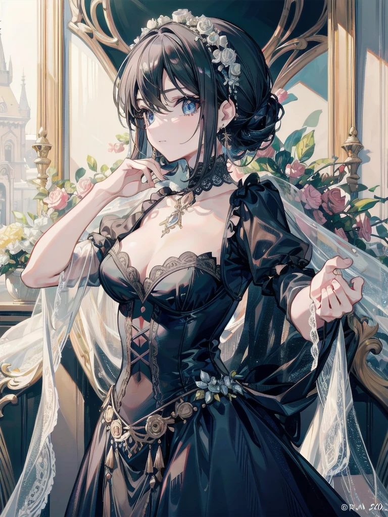 absurdres, RAW photo, extremely delicate and beautiful, masterpiece, Best Quality, ultra high resolution, 32k, hyperrealistic, ultra-detailed, perfect figure, in her 20s, very small head, very small face, delicate facial features, tearful mole, earring, huge breasts, whole body shot, full body shot, medium hair, black hair, intricate Romantic Victorian Gothic Outfit,