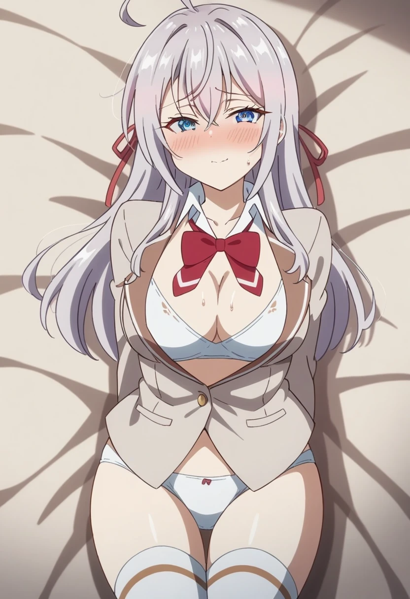 anime art style, 2d, masterpiece, best quality, very aesthetic, absurdres, dynamic shadows, atmosferic, alisa_mikhailovna, (1girl), (grey hair), long hair, blue eyes, detailed eyes, ahoge, hair between eyes, bangs, medium breasts, curvy body, makeup, ((intense blush)), sweat, cleavage, collarbone, grey jacket, open clothes, white bra, white panties, red bowtie, loose bowtie, red hair ribbon, white thighhighs, (sexy smile), (cowboy shot), lying, looking at viewer, on bed, shy