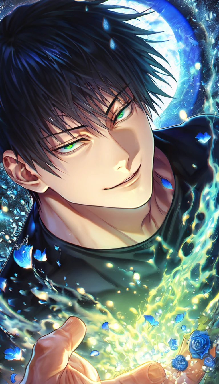 Ultra detailed, HDR, Highres, absurdres, master piece, Fushiguro Touji, black hair, expressive green eyes, Jujutsu Kaisen, handsome, sexy man, solo, black tight shirt, blue water, fantasy, magical, cursed energy, blue aura, blue petals, handsome smile, best quality, blue roses, blue fireflies, shining fireflies, blue moon