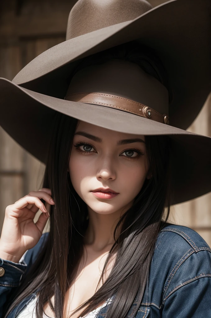 A woman with a sinister face in a cowboy hat 