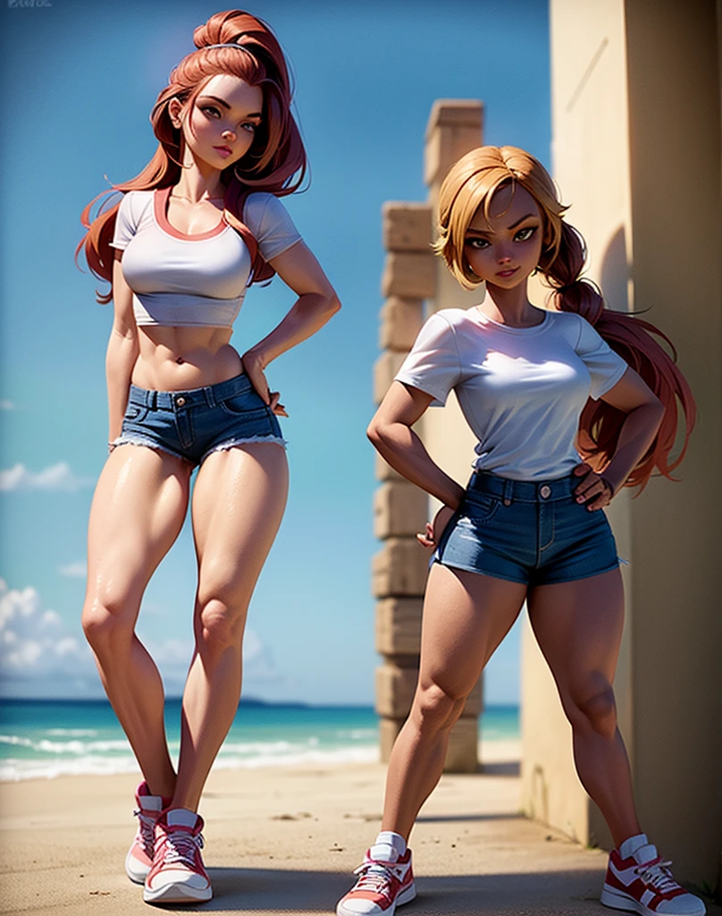 Chica bandicoot, sexy young girl, good body, strong red hair, long ponytail hair, blue eyes, blue jeans, White shirt, white tennis shoes, standing