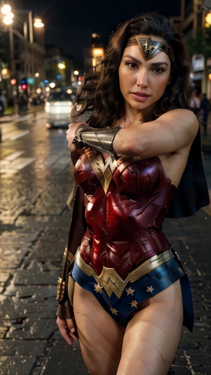 Gal Gadot is the ((Wonder Woman)) (Best Quality, 8k, Masterpiece: 1.3), Perfect Hands, Clear Focus: 1.2, Perfect Body Beauty: 1.4, Slim Abs: 1.2, Highly Detailed Face and Skin Texture, detailed eyes, standing, dynamic pose,she is in an urban city, attractive pose, highly detailed, 28 years old, innocent face, natural straight amarrow hair, light brown eyes, high resolution, artwork, best quality, high and details Intricate, highly detailed, sharp focus, detailed skin, realistic skin texture, texture, detailed eyes, Professional, 4K, charming smile, shot in canon, 85mm, shallow depth of field, kodak vision color, perfect fit to the body, extremely detailed, photography_\(ultra\), photorealistic, realistic, Post-processing, maximum detail, roughness, Real life, ultra realistic, photorealism, photography, 8k hd, photography,Wonder Woman
