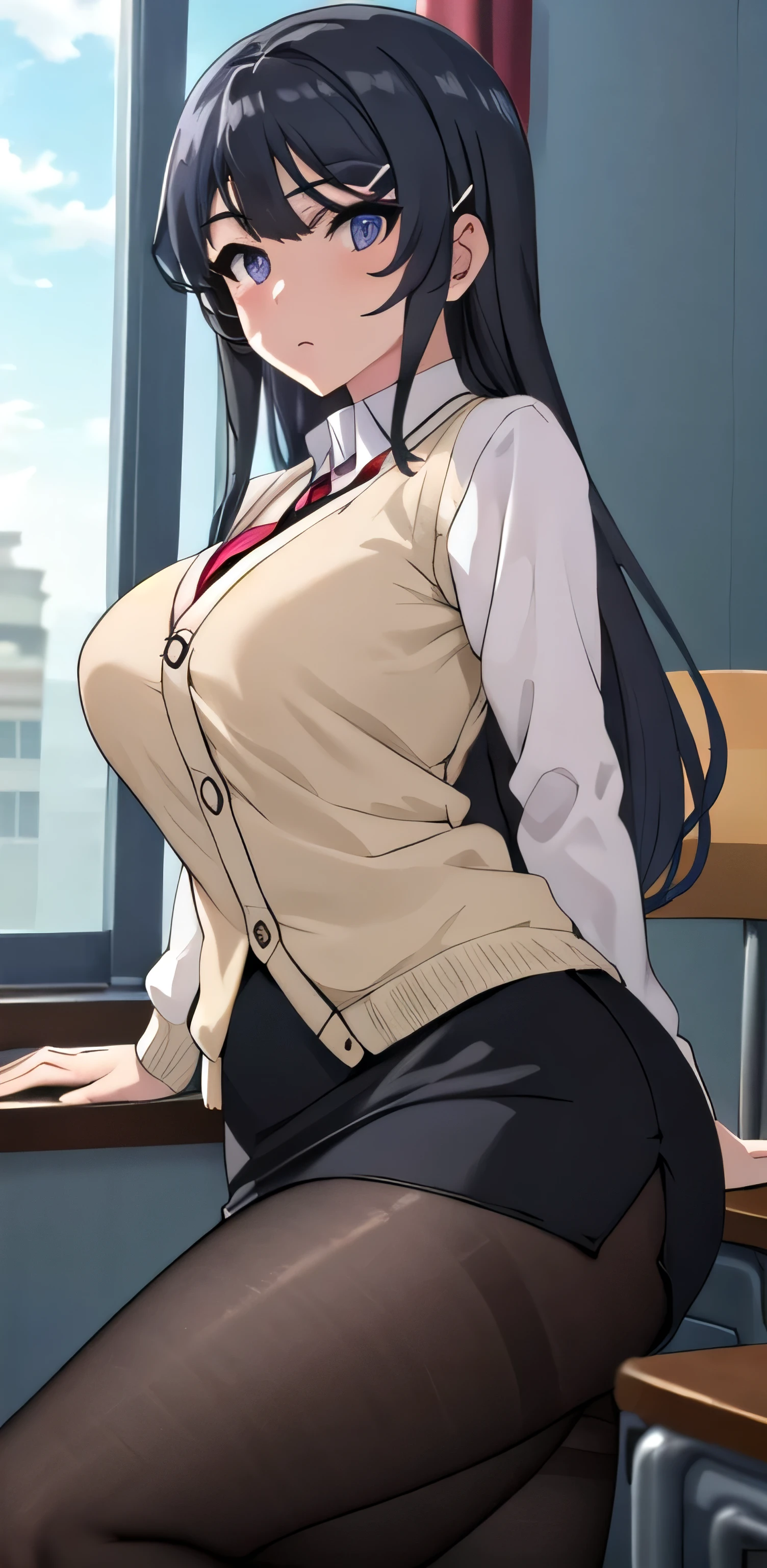 best quality, masterpiece, highres, solo,((masterpiece, best quality)), mai sakurajima, long hair, black hair , mature woman, 20y, purple eyes, beautiful eyes, detailed eyes, thick_thighs, cardigan, skirt, pencil skirt, pantyhose, school_uniform, school, indoors, large breasts,