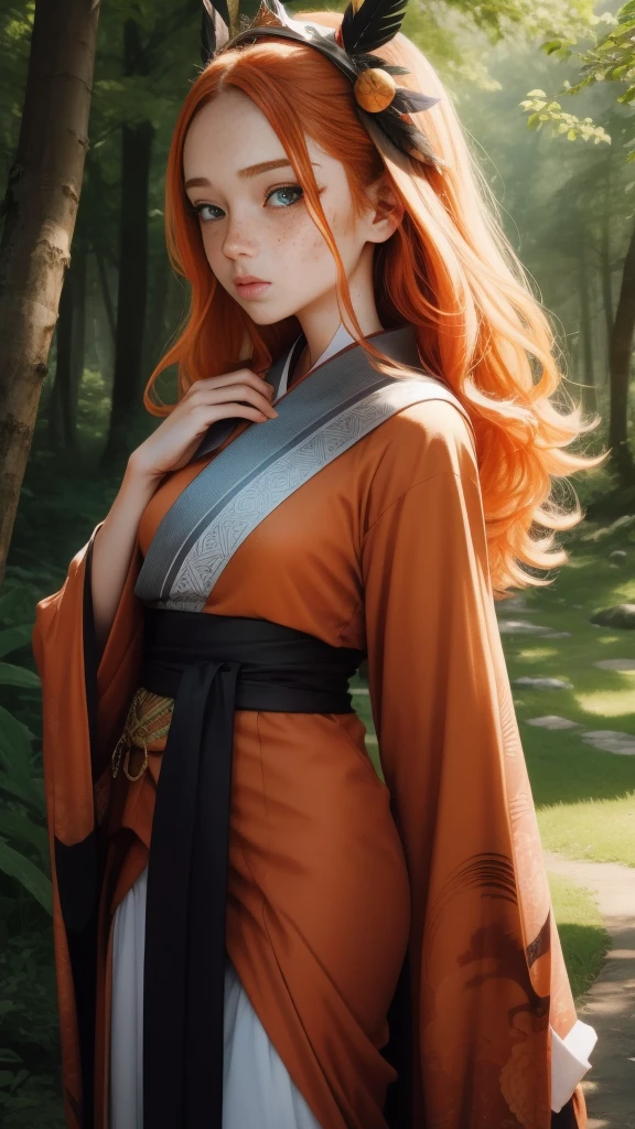 18 years old princess, striking figure, long ginger hair, wavy hairs, fair skin, (((freckles))), (kolito), innocent and regal appearance, expressive eyes are filled with a mix of curiosity and determination, her slender frame, elegant grace, vibrant orange kimono with white and black decorations, ornata kimono, very long ((sleeves past fingers)), sleeves past wrists, feather headdress, in a forest