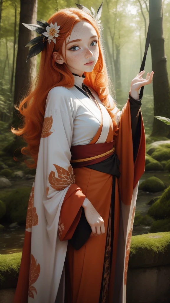 18 years old princess, striking figure, long ginger hair, wavy hairs, fair skin, (((freckles))), (kolito), innocent and regal appearance, expressive eyes are filled with a mix of curiosity and determination, her slender frame, elegant grace, vibrant orange kimono with white and black decorations, ornata kimono, very long ((sleeves past fingers)), sleeves past wrists, feather headdress, in a forest