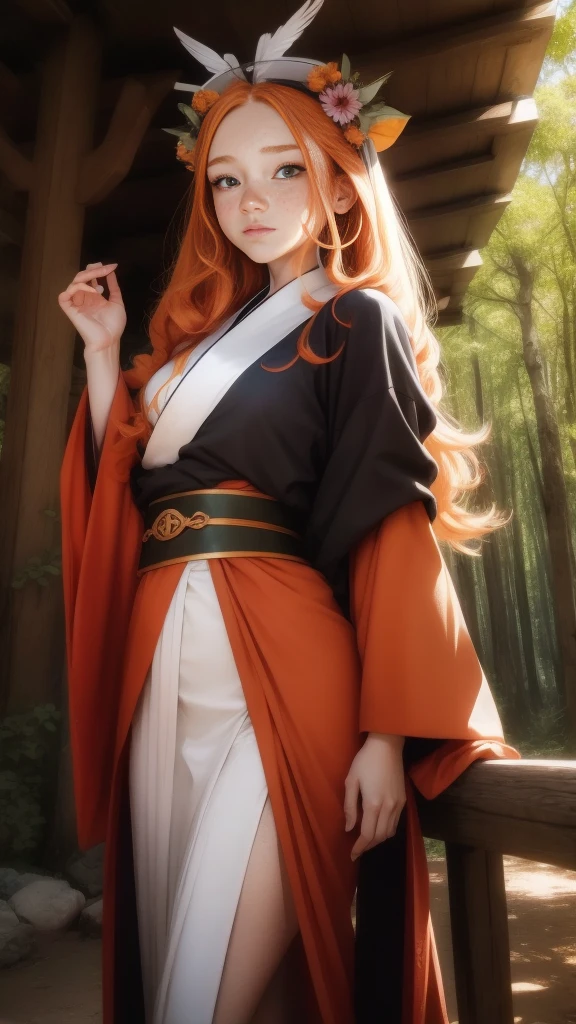 18 years old princess, striking figure, long ginger hair, wavy hairs, fair skin, (((freckles))), (kolito), innocent and regal appearance, expressive eyes are filled with a mix of curiosity and determination, her slender frame, elegant grace, vibrant orange kimono with white and black decorations, ornata kimono, very long ((sleeves past fingers)), sleeves past wrists, feather headdress, in a forest