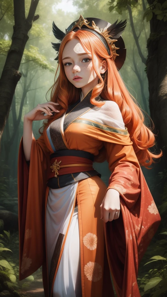 18 years old princess, striking figure, long ginger hair, wavy hairs, fair skin, (((freckles))), (kolito), innocent and regal appearance, expressive eyes are filled with a mix of curiosity and determination, her slender frame, elegant grace, vibrant orange kimono with white and black decorations, ornata kimono, very long ((sleeves past fingers)), sleeves past wrists, feather headdress, in a forest