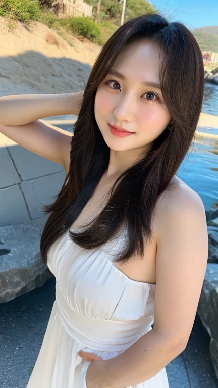 ((High definition))、((high quality))、8K))、((Korean Beauty))、Beach、Beautiful sea、((naked:1.4))、Jet Black Hair、Medium Hair、Very white skin、 years old、((Small face))、A little chubby、Takahashi Juri、Juri 、rocket punch juri、Heavy makeup、Plump body、A little big butt、smile